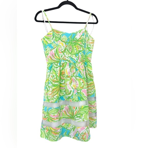 Lilly Pulitzer Ollie Dress Elephant Ears Green Pink Print Sheer Panels Size 0 - Picture 3 of 5
